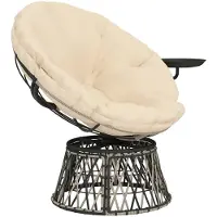 Merax Ronde Loungestoel In Rotanlook 360 Graden Draaibaar Met Dikke Kussen – Met Zijtafeltje – Stalen Onderstel Met Verstelbare Voeten – Weerbestendig En Zonbestendig – Beige – 118 × 76 × 88 Cm