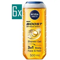 Nivea MEN Boost Douchegel - 3-in-1 Shower Gel - met Revitaliserend Cafeïne - Shampoo - Voordeelverpakking - 6 x 500 ml