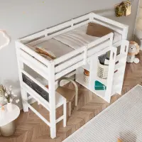 STILVORA Hoogslaper 90x200 Cm – Met Bureau En Dubbelzijdig Krijtbord – Open Kledingkast En Planken – Veilig Met Uitvalbeveiliging – Hout – Zonder Matras – Wit