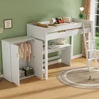 STILVORA Hoogslaper 90x200cm – Met Bureau En Verplaatsbare Kledingkast – Stevige Ladder En Veiligheidshekken – Zonder matras – Massief Hout – Wit