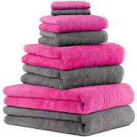 Betz Set van 8 handdoeken Deluxe 100% katoen 2 badhanddoeken 2 badhanddoeken 2 handdoeken 2 handdoeken 2 zeepdoekjes kleur antraciet grijs en fuchsia