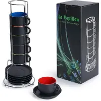 Famanu - 6 x 75 ml Espresso Cups Set/Espresso Cups Set with Saucer and Stand - Coffee Cups Set of 6 Ceramic Coffee Cups - Le Papillon Collection (Colourful)
