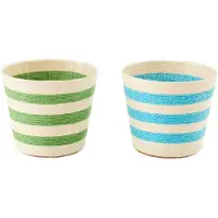 J-Line bloempot Gestreept - papier - azuurblauw/groen - medium - set van 2