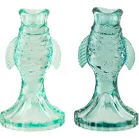 J-Line kaarshouder Vis - glas - blauw/turkoois - set van 2