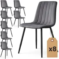 Akord Set van 8 Eetkamerstoelen LIVO / Gestoffeerde Stoelen / Fluwelen Stoelen en Metalen Poten / Antraciet met zwarte benen