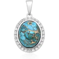 Cavill - Zilveren Hanger - 925 Sterling Zilver - 5,49 ct Ovale Turquoise Mozaïek - 26 Witte Topazen - Tijdloos Elegant Sieraad 27x15,5 mm
