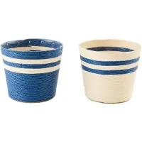 J-Line bloempot Gestreept - papier - wit/blauw - large - set van 2