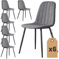Akord Set van 6 Eetkamerstoelen LUMO / Gestoffeerde Stoelen / Fluwelen Stoelen en Metalen Poten / Antraciet met zwarte benen