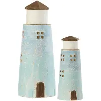 J-Line decoratie Vuurtoren - hout - naturel/lichtblauw - large
