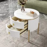 OKWISH Bijzettafel Met 2 Lades - Marmerlook Voor Woonkamer Slaapkamer - MDF Wit Met Goudkleurige Poten - 50×50×51 Cm