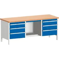 Bott Cubio werkbanken, koper beuken werkblad, B 2000 x D 750 x H 840 mm, draagvermogen 1250 kg, gentiaanblauw/lichtgrijs
