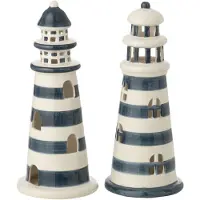 J-Line decoratie Vuurtoren Gestreept - porselein - wit/blauw - large - 2 stuks - LED lichtjes