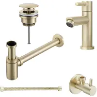 Saniclear Brass fonteinkraan set geborsteld messing met kraan, sifon, afvoerplug, hoekstopkraan en aansluitslang