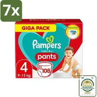 Pampers 7 x - Baby-Dry Pants - Luierbroekjes - Maat 4 (9-15 kg) - Comfort Fit - 108 Luiers - Grootverpakking - Baby Luier - Baby Droge Huid - Baby Luierbroek - Baby Luier 4 Kg - Snel Verschonen