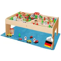 Coemo speeltafel met houten spoorweg, 90 onderdelen, rails, trein, huisjes, multifunctionele tafel voor kinderen, natuurlijk