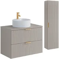 Vente-unique Hangend badkamermeubel met ronde opbouwwastafel en kolomkast - Geribbeld Beige kleur - 80 cm - ZEVARA