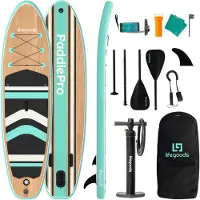 LifeGoods PaddlePro SUP Board - Opblaasbaar Paddle Board - Complete Set - Max. 150KG - 320x81cm - Hout/Mintgroen