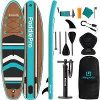 LifeGoods PaddlePro SUP Board - met Zitje - Opblaasbaar Paddle Board - Complete Set - Max. 150KG - 320x81cm - Hout/Blauw
