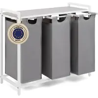 DNA Wasmand 3 Vakken - Wasmand - Wassorteerder - Wasmand Met Deksel - Grijs/Wit - 36cm x 86cm x 73cm