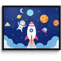 PosterMonkey Poster in lijst - Fotolijst 70x50 cm - Posters - Raket - Ruimte - Astronaut - Blauw - Jongens - Posterlijst zwart - Kamer decoratie - Wanddecoratie kinderkamer - Muurdecoratie babykamer
