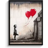 PosterMonkey Poster in lijst - Fotolijst 50x70 cm - Posters - Kunst - Meisje - Ballonnen - Hart - Grijs - Posterlijst zwart - Decoratie - Wanddecoratie woonkamer - Muurdecoratie slaapkamer