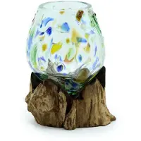 Ancient Wisdom - Decoratief beeld - Gesmolten gekleurd glas op hout met amethist - orgoniet - boompje - gerecycled glas - multicolor - figuur