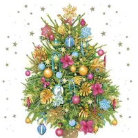 Daisy kerst thema servetten - 20x st - 33 x 33 cm - versierde kerstboom - papier