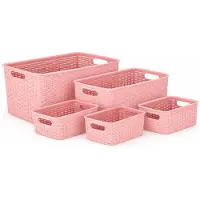 Discountershop Opbergmand Set Roze (5-Delig) – 28,5L, 18L, 12L, 10L en 6L – Mandjes Riet Look Opbergdozen – Kast Organizer, Kinderkamer en Keukenkast Organizer