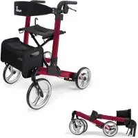 Parvum Luxo Rollator - Luxe dubbel opvouwbare rollator (6,9kg) - Incl. stokhouder, tas & rugleuning - Robijnrood, Medium