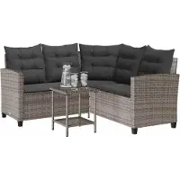 vidaXL Tuinbank met tafel en kussens L-vormig poly rattan grijs