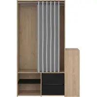 Ebuy24 Kimmy open kledingkast, met gordijn, 2 lades, schoenenkast walnoot decor, mat zwart, gordijn lichtgrijs.