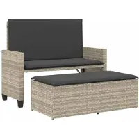 vidaXL Tuinbank met kussens en voetenbank poly rattan lichtgrijs