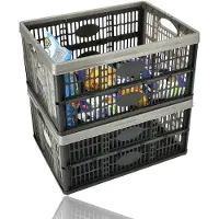 Discountershop Vouwkrat 32 Liter – Set van 2 – Belastbaar tot 10 KG – Opvouwbare Kratten – Inklapbare Boodschappenkrat – Stapelbaar – 48x35x23 cm – Zwart