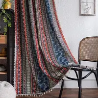 Boho semi-verduisterende gordijnen, kleurrijke strepen met kwastjes als decoratief raamdecoratie, 2-delige gordijnen met roedezakken voor woonkamer en toilet