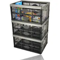 Discountershop Vouwkrat 32 Liter – Set van 3 – Belastbaar tot 18 KG – Opvouwbare Kratten – Inklapbare Boodschappenkrat – Stapelbaar – 48x35x23 cm – Zwart