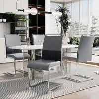 MODFU Eetkamerstoel set van 4, kunstleer en linnen, metalen poten, ergonomische rugleuning, grijs