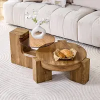 OKWISH Salontafelset Rond - 2 Delig Inschuifbaar Ontwerp - Voor Woonkamer Slaapkamer Balkon - MDF Houtlook Bruin Getint Glas - 61x30 cm