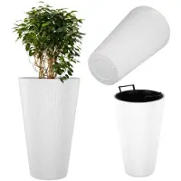 Kadax plantenbak Ø 29,5 x H 49 cm, moderne bloembak met binnenpot & geribbeld design, grote plantenpot van kunststof (wit)