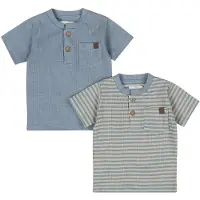 Dirkje T-shirt - blauw/beige (set van 2) Jongens Katoen Henleykraag Streep - maat 104