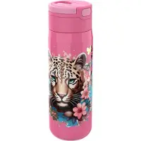 Lunch Buddies Luipaard - Bloemen & Vlinders drinkfles – Met drinkrietje – Dubbelwandig – Houdt 12u koud – Roestvrij staal – 500 ml – Sluit goed af – Drinkfles voor kinderen – BPA-vrij – Roze