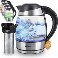 Tresko glazen waterkoker 1,8 L roestvrij staal met theezeef en kalkfilter | ledverlichting aan de binnenkant | 2200 W | met temperatuurinstelling | warmhoudfunctie