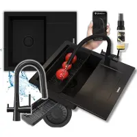 Granitan Bello Granieten spoelbakset - 570x470 mm - Zwart - 1 bak met 3-wegkraan en sifon