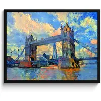 PosterMonkey Poster in lijst - Fotolijst 70x50 cm - Posters - Schilderij - Londen - Brug - Olieverf - Posterlijst zwart - Decoratie - Wanddecoratie woonkamer - Muurdecoratie slaapkamer