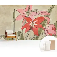 Wallfluent Behang - Dagbloem Muurbehang - 416x254 cm - Beige Behang - Voor liefhebbers van natuur en oosterse kunst - Behang Voor de woonkamer, slaapkamer en kantoor - Wanddecoratie Bloemen en planten
