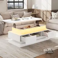 OKWISH Salontafel - Hoogglans Met Ledverlichting En Usb Aansluiting - In Hoogte Verstelbaar Voor Wonen - Spaanplaat Wit - 100×50×40 Cm