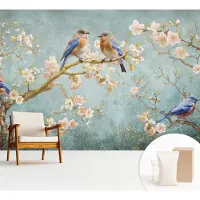 Wallfluent Behang - Lente vogels Vliesbehang - 312x219 cm - Blauw Behang - Voor natuurliefhebbers - Behang Voor de slaapkamer, woonkamer en kantoor - Wandbekleding Bloemen en planten