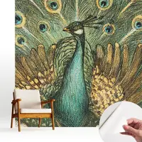 Wallfluent Zelfklevend Behang - Majestueuze pauw Stickerbehang op rol - 250x250 cm - Groente Zelfklevend Behang - Herpositioneerbaar - Voor de woonkamer, slaapkamer en kantoor Zelfklevend Behang