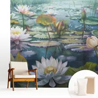 Wallfluent Behang - Vijverbloemen Muurbehang - 250x250 cm - Groente Behang - Voor natuur- en kunstliefhebbers - Behang Voor de slaapkamer, woonkamer en kantoor - Wandbekleding Bloemen en planten