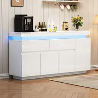OKWISH Dressoir Opbergkast Met Led Verlichting En 2 Lades Voor Woonkamer Wit Hoogglans Spaanplaat 140×35×72,5 Cm