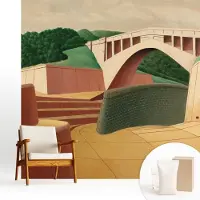 Wallfluent Behang - Vreedzaam landschap Vliesbehang - 250x250 cm - Geel Behang - Voor liefhebbers van hedendaagse kunst - Behang Voor de woonkamer, slaapkamer en kantoor - Wanddecoratie Architectuur